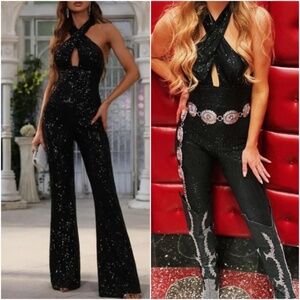 Luxe Black Sequin Wide leg Fitted Jumpsuit